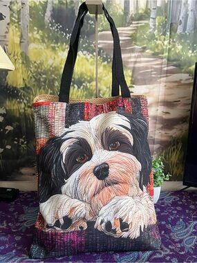 Cute Puppy Print Tote Bag in Black, White & Brown